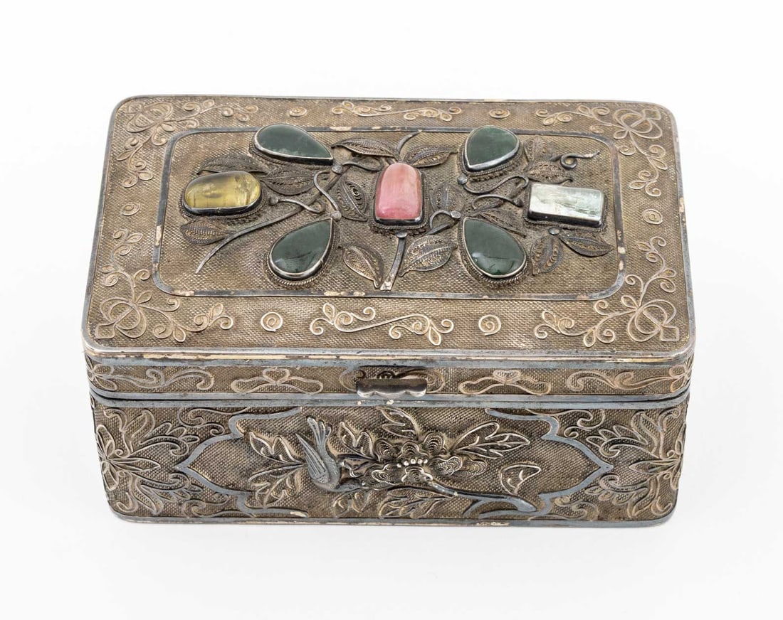 Chinese Gemstone Mounted Silver Covered Box - 3