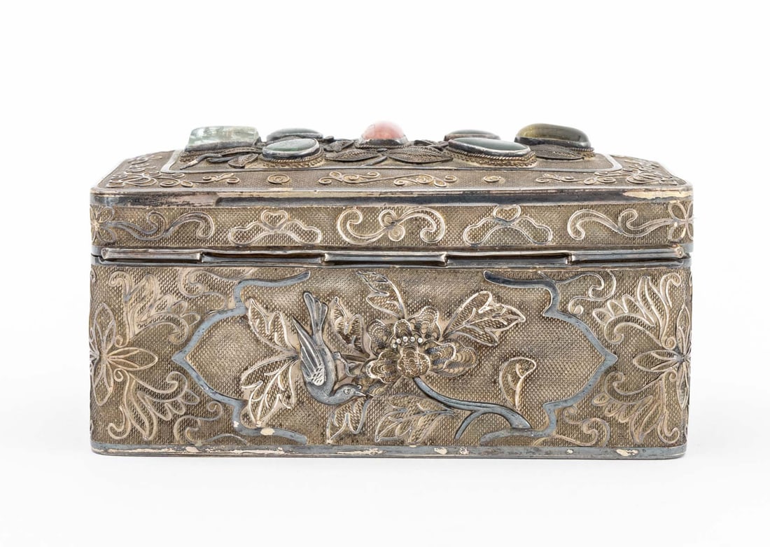Chinese Gemstone Mounted Silver Covered Box - 5