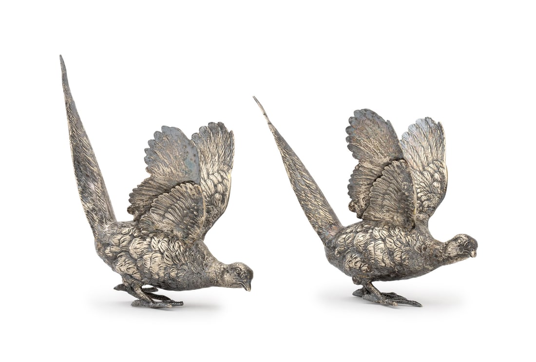 Silvered Metal Pheasant Sculptures, Pair (1 of 9)