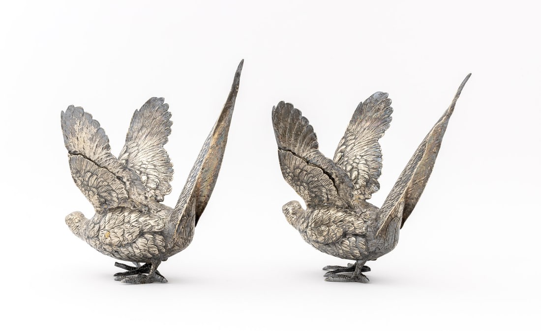 Silvered Metal Pheasant Sculptures, Pair - 3