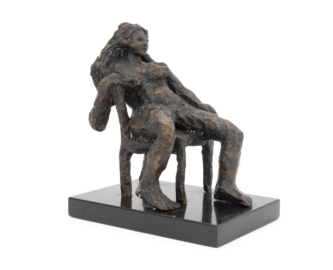 Brutalist Seated Nude Woman Bronze Sculpture: Brutalist Seated Nude Woman Bronze Sculpture, inscribed "Lanitis" to the reverse, mounted on an ebonized plinth. Overall: 9.5" H x 8.5" W x 6" D. Provenance: From the Estate of American Fashion
