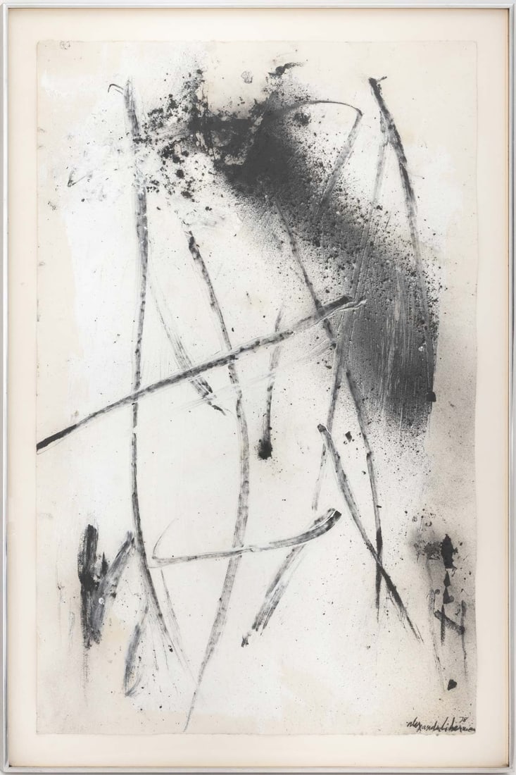 Alexander Liberman Black & White Abstraction, 1978: Alexander Liberman (Ukrainian/American, 1912-1999), Black and White Abstract Composition, Acrylic and Charcoal on Heavy Wove Paper, 1978, signed and dated lower right, silver-tone metal frame. Image: