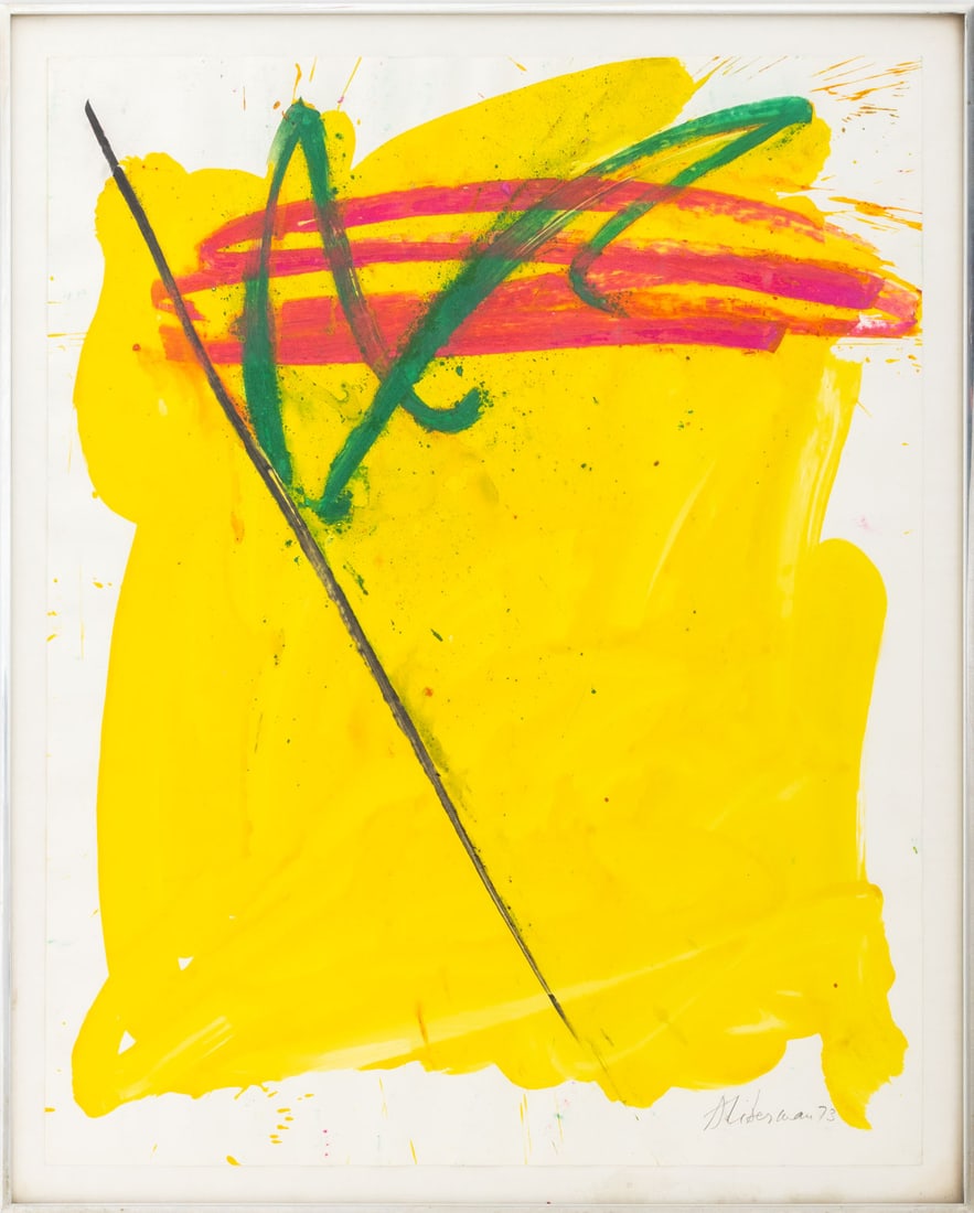 Alexander Liberman Abstraction in Yellow, 1973: Alexander Liberman (Ukrainian/American, 1912-1999), Abstract Composition in Green and Yellow, Mixed Media on Paper, 1973, signed in pencil and dated lower right, silver-tone metal frame. Image: 29" H