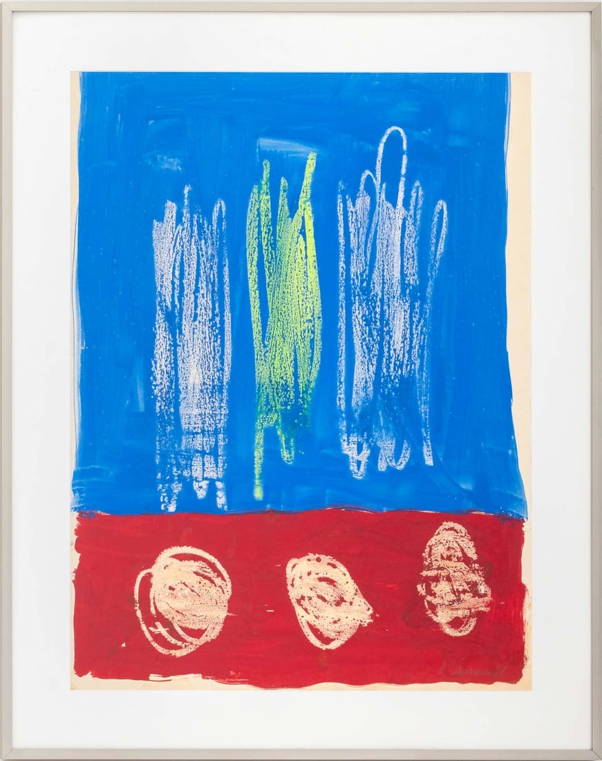 Alexander Liberman Abstract in Red & Blue, 1966: Alexander Liberman (Ukrainian/American, 1912-1999), Abstract Composition in Red and Blue, Mixed Media on Paper, 1966, signed in pencil and dated lower right, silver-tone metal frame. Image: 27.75" H