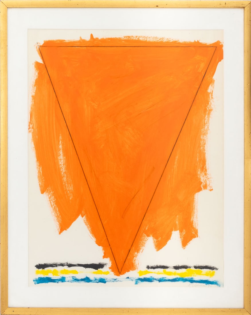 Alexander Liberman Abstract Triangle, 1970: Alexander Liberman (Ukrainian/American, 1912-1999), Abstract Orange Triangle, Mixed Media on Paper, 1970, signed in pencil and dated lower right, giltwood frame. Image: 29" H x 21.75" W; frame: 35.5"