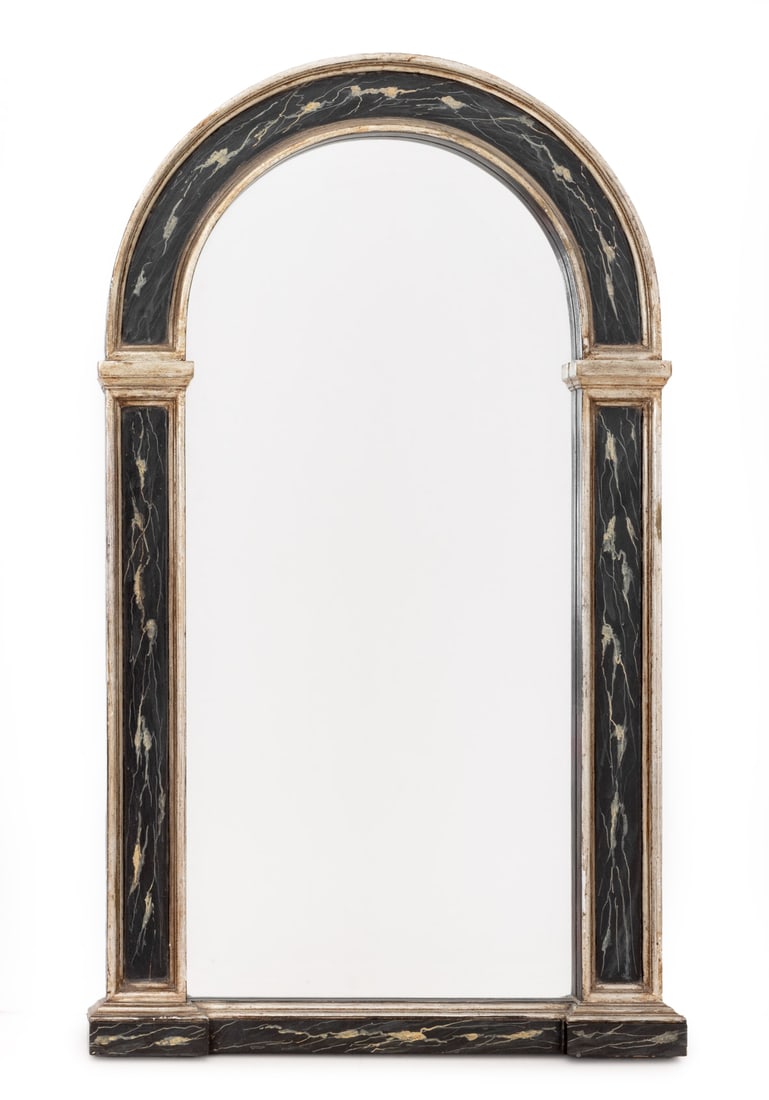 Italian Silvered & Faux Marble Painted Wood Mirror: Italian Silvered and Faux Marble Painted Wood Mirror, with arched top and marked "Made in Italy" to reverse. Mirror plate: 45" H x 20.25" W; frame: 52" H x 29.5" W x 3" D. Provenance: From the Estate