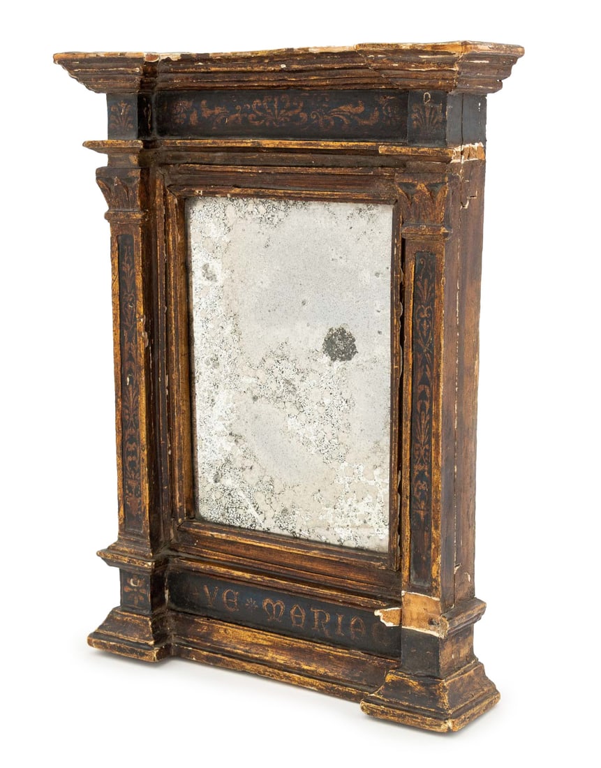 Italian Renaissance Revival Giltwood Mirror: Italian Renaissance Revival Polychrome Painted and Giltwood Mirror, early 19th century, with two columns and carved "Ave Mariae" below a beveled glass mirror plate. 18.5" H x 14" W x 3.5" D. Provenanc