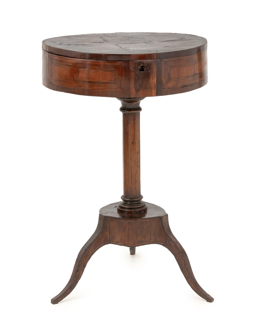 Continental Kingwood & Mahogany Worktable: Continental Kingwood and Mahogany Inlaid Circular Top Work Table, the hinged lid opening to compartmented interior and inset rectangular mirror, raised on an octagonal standard supported by tripod