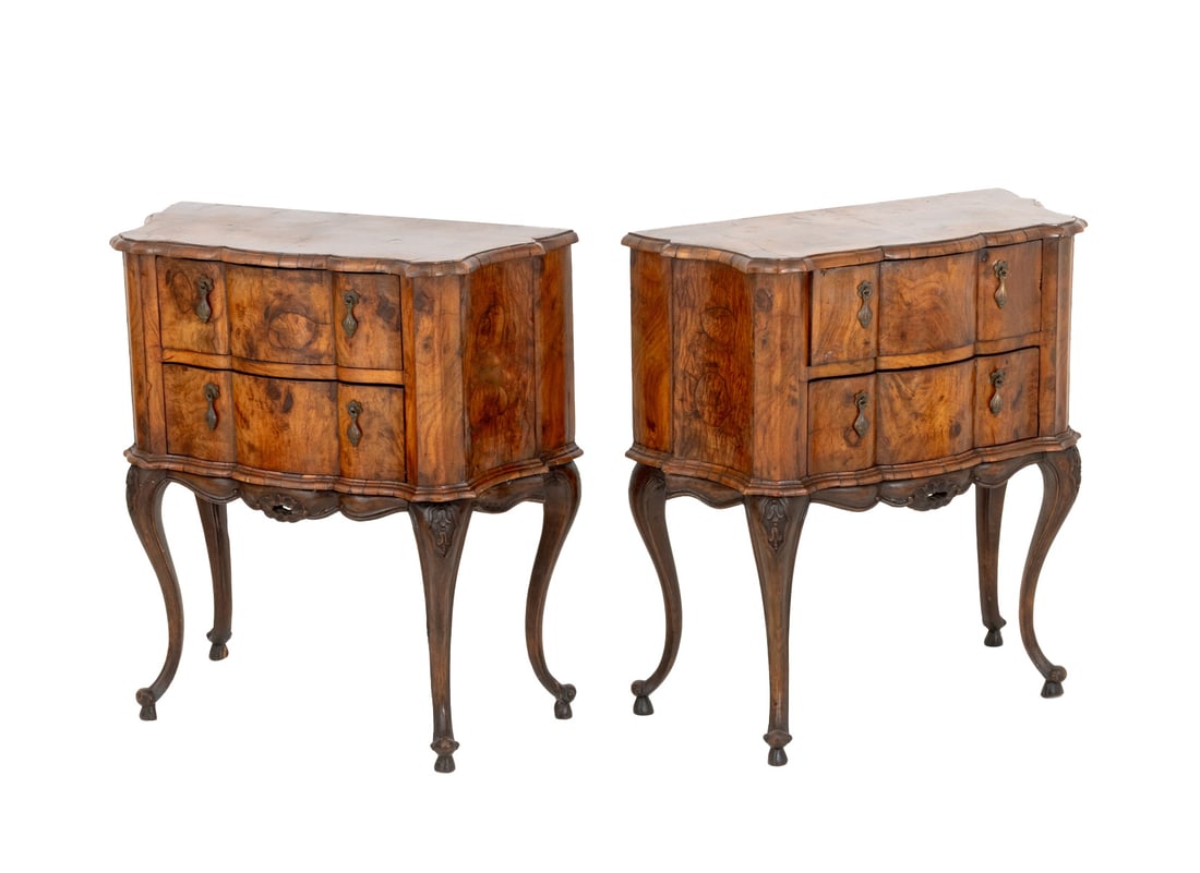 Italian Burl Walnut Two Drawer Bombe Chests, 2: Pair of Italian Burl Walnut Bombe Two Drawer Dressers, the two frieze drawers with brass drawer pulls on four cabriole legs, stamped "Made in Italy" to the reverse. 29.5" H x 27" W x 12.5" D.