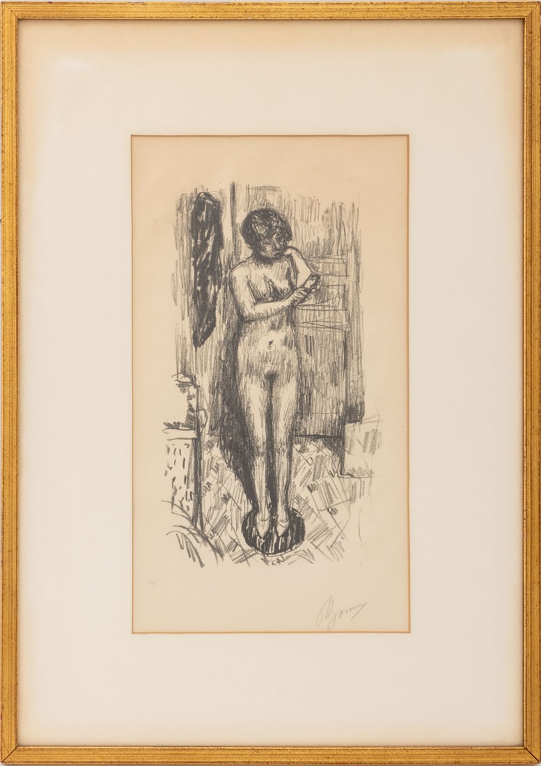 Pierre Bonnard Nude Study Lithograph, ca. 1925: Pierre Bonnard (French, 1867-1947), Nude Study (Etude de nu), Lithograph, circa 1925, signed in pencil lower right and numbered edition "1 / 25" lower left, giltwood frame. Image: 14.5" H x 8" W;
