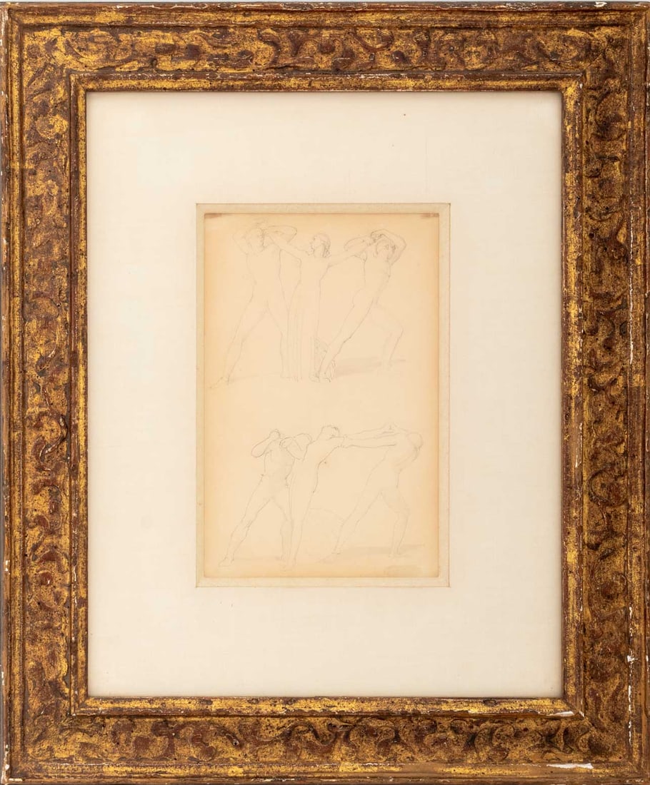 John Flaxman "Study for The Happy Shipwreck", 1800: John Flaxman (British, 1755-1826), "Study for The Happy Shipwreck", Ink and Pencil on Paper, circa 1800, faintly signed lower right, Richard Feigen Gallery labels verso, carved giltwood frame. Image: