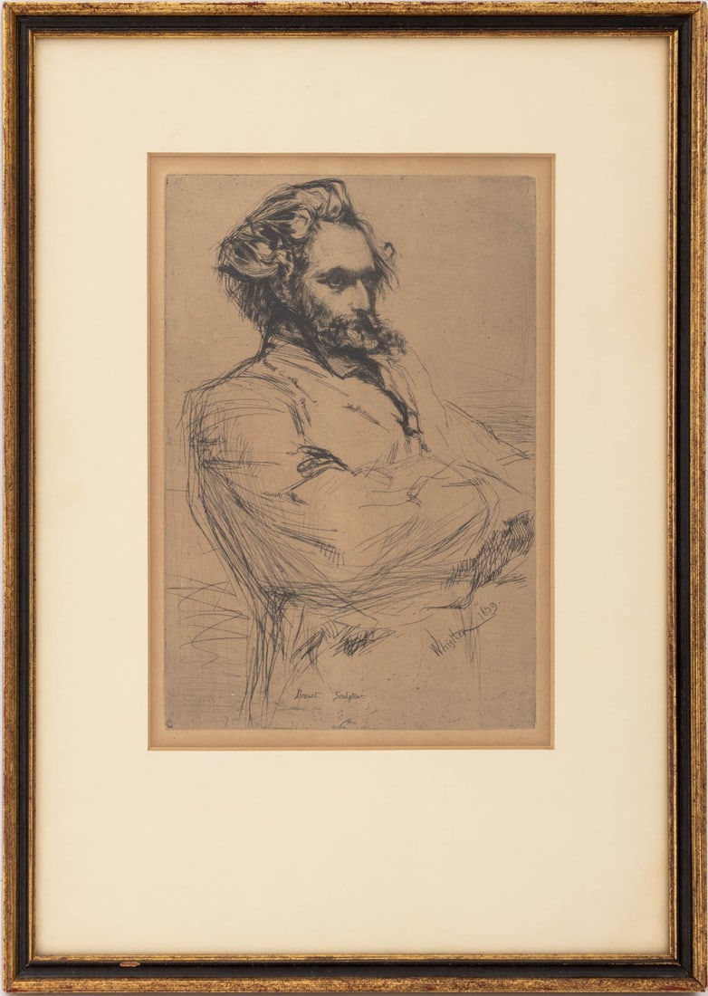 James Whistler "Portrait of Drouet" Etching, 1859: James Abbott McNeil Whistler (American, 1834-1903), "Portrait of Drouet", Etching, 1859, signed and dated in plate lower right, inscribed "Drouet Sculpteur" in plate lower center, ebonized and
