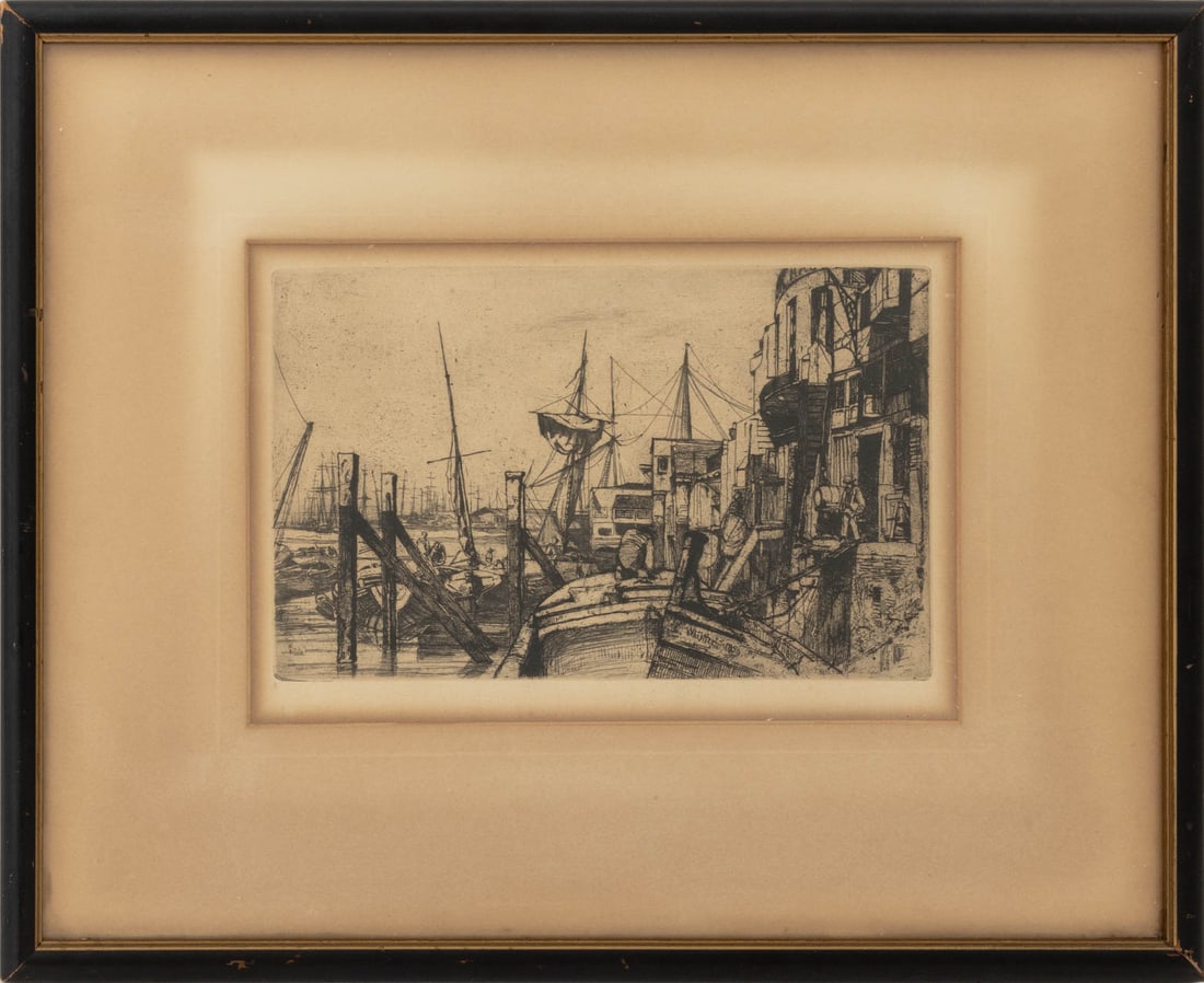 James Whistler "Black Lion Warf" Etching, 1859: James Abbott McNeil Whistler (American, 1834-1903), "Limehouse", Etching, 1859, signed and dated in plate lower right, ebonized wood frame. Image: 5" H x 8" W; frame: 12" H x 14.5" W x 0.5" D.