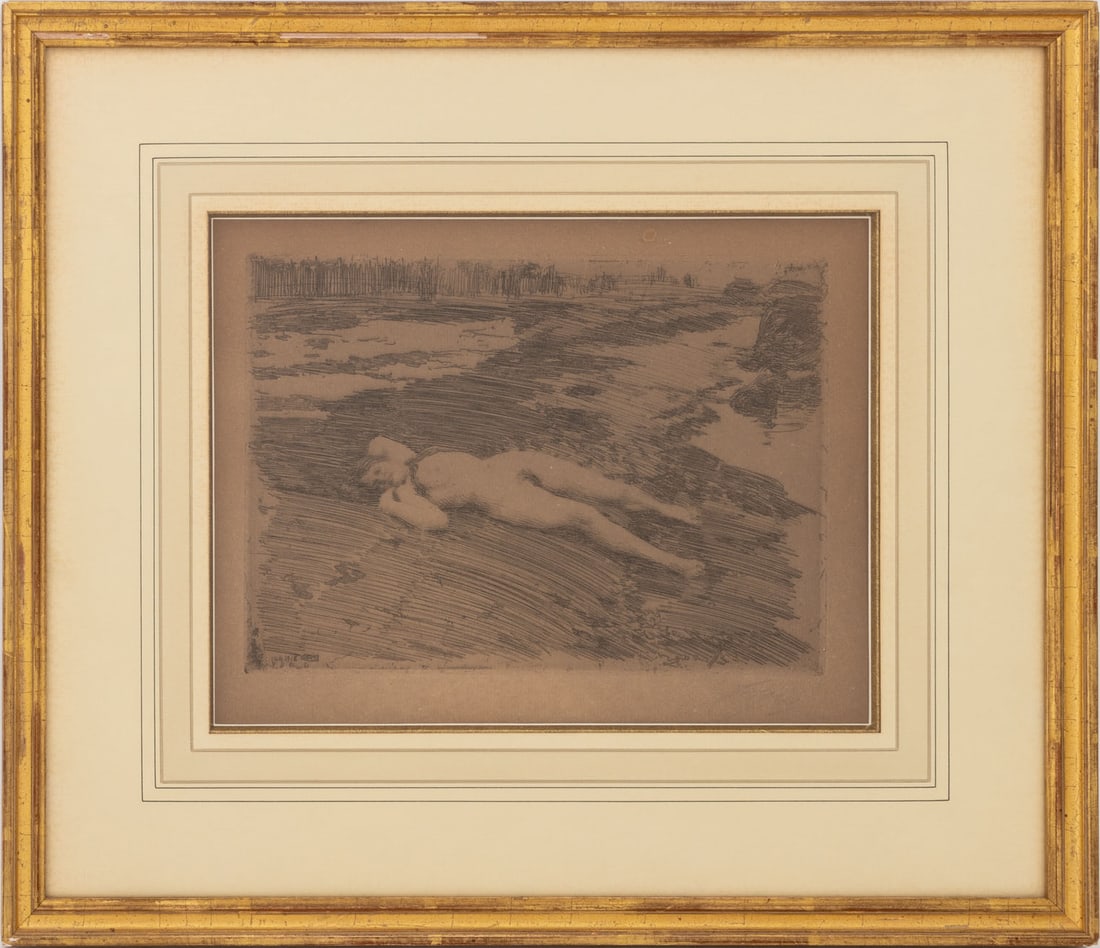 Anders Zorn "On the Sands" Etching, 1917-1918: Anders Zorn (Swedish, 1860-1920), "On the Sands", Etching, 1917-1918, signed and dated in plate, signed in pencil lower right, giltwood frame. Image: 7" H x 9.5" W; frame: 15.5" H x 18" W x 1" D.