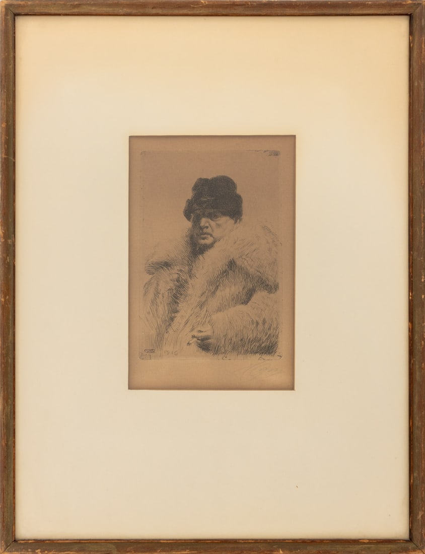 Anders Zorn Self Portrait Etching, 1916: Anders Zorn (Swedish, 1860-1920), Self Portrait, Etching, 1916, signed and dated in plate lower left, signed in pencil lower right, wood frame. Image: 6.75" H x 4.75" W; frame: 18.25" H x 14" W x