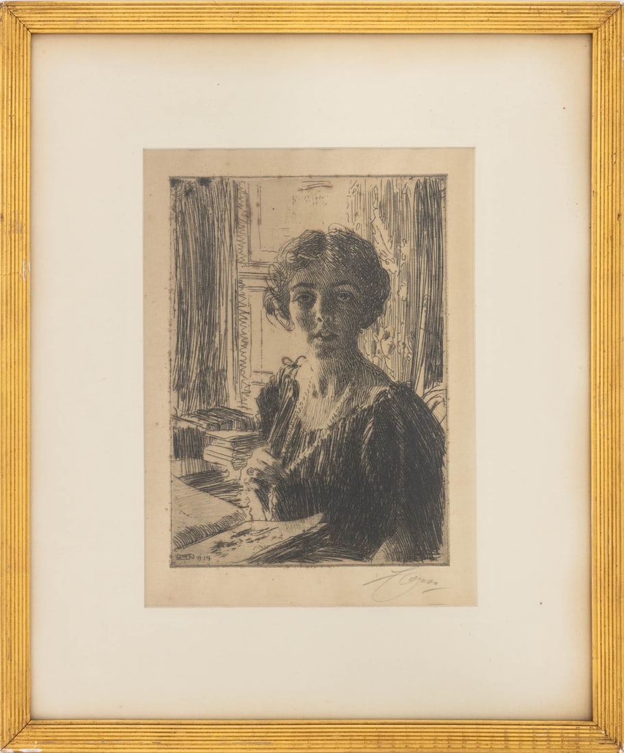 Anders Zorn Portrait of Princess Margaret Etching: Anders Zorn (Swedish, 1860-1920), Portrait of The Crown Princess Margaret of Sweden, Etching, 1914, signed and dated in plate lower left, signed in pencil lower right, giltwood frame. Image: 9.75" H