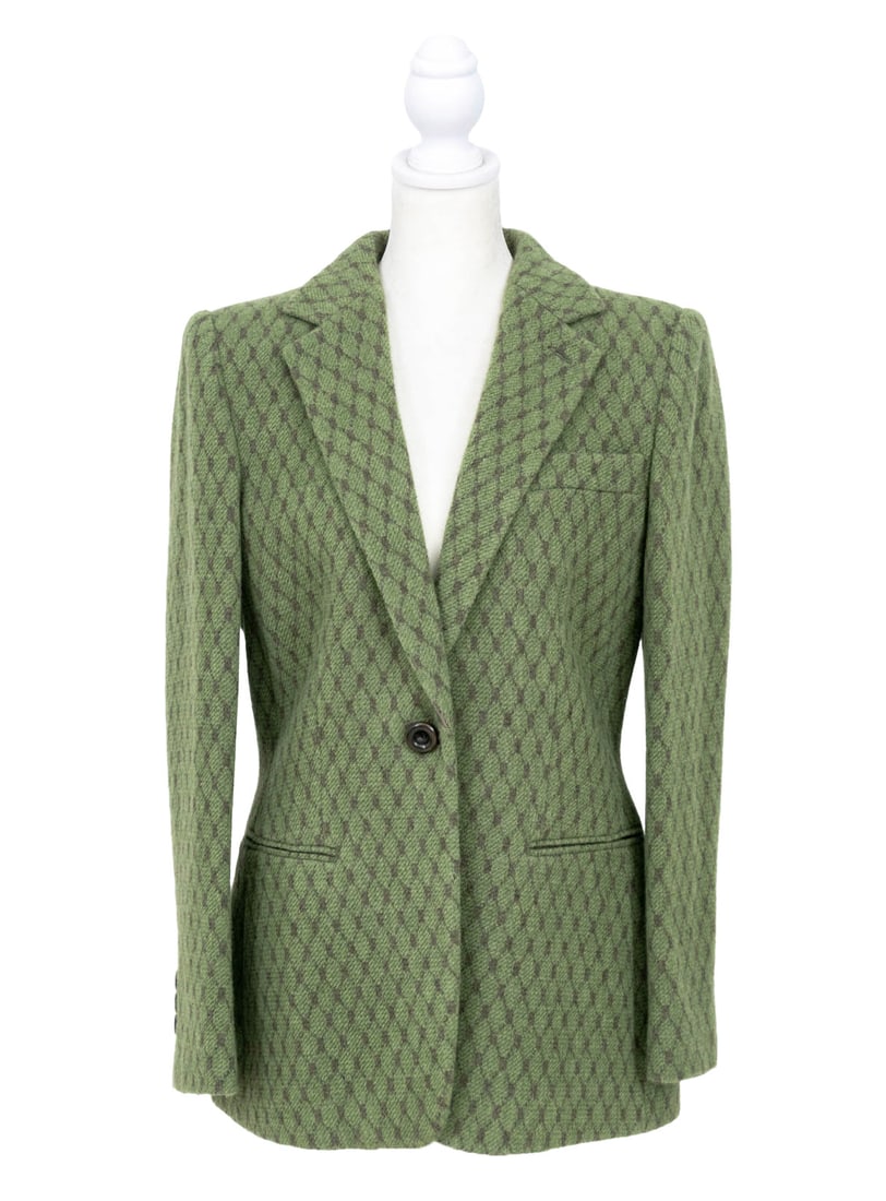 Giorgio Armani Green Cashmere Blazer: Giorgio Armani Green Cashmere Blazer, with diamond pattern, single breast pocket and two front slip pockets, and gray silk lining, "Giorgio Armani" Overall length: 28.5"; Shoulders: 15"; Bust: 36";