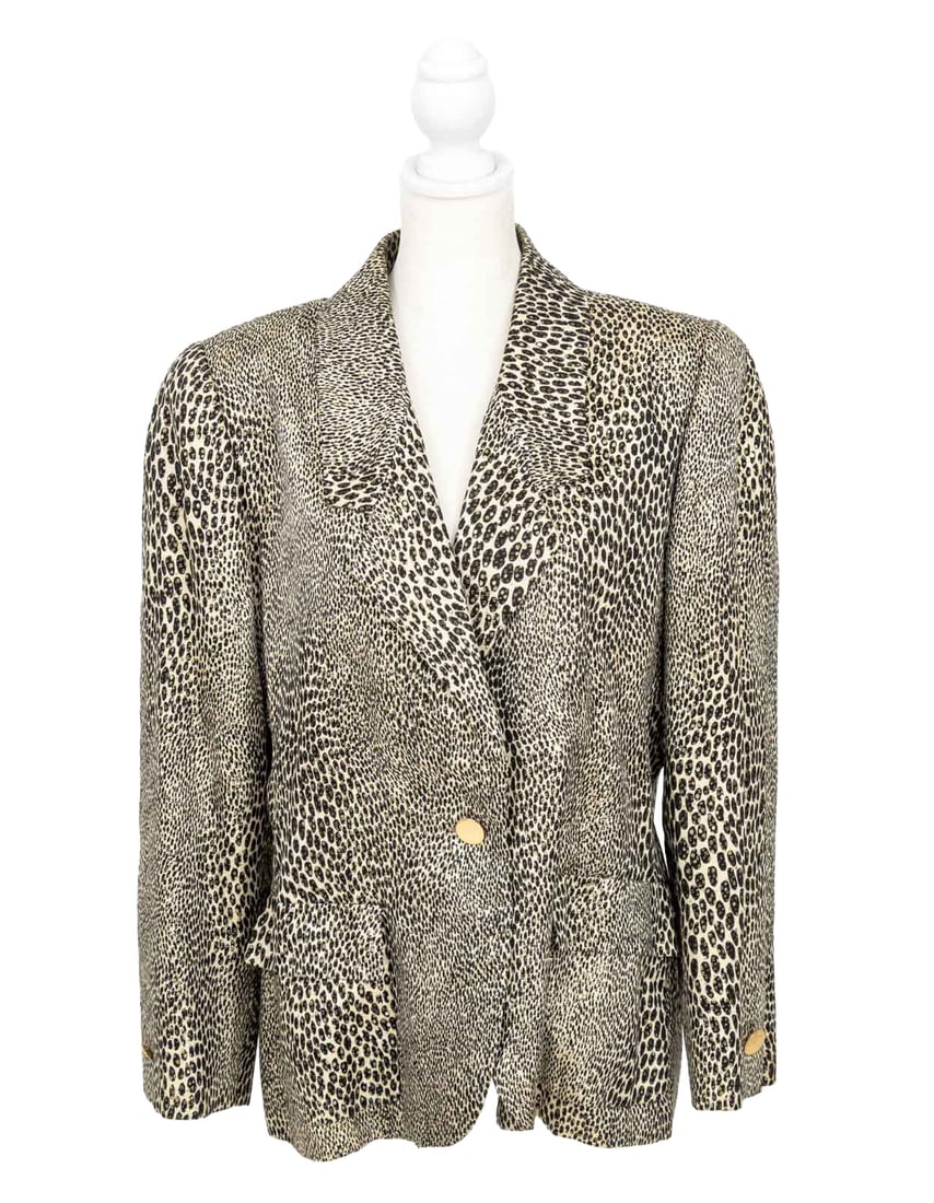 Bill Blass Silk Blend Leopard Print Suit Jacket: Bill Blass Silk Blend Leopard Print Suit Jacket, with single brass button, two front pockets and black lining, "Bill Blass / Made in U.S.A. / Imported Fabric" label. Overall length: 28"; Shoulders: