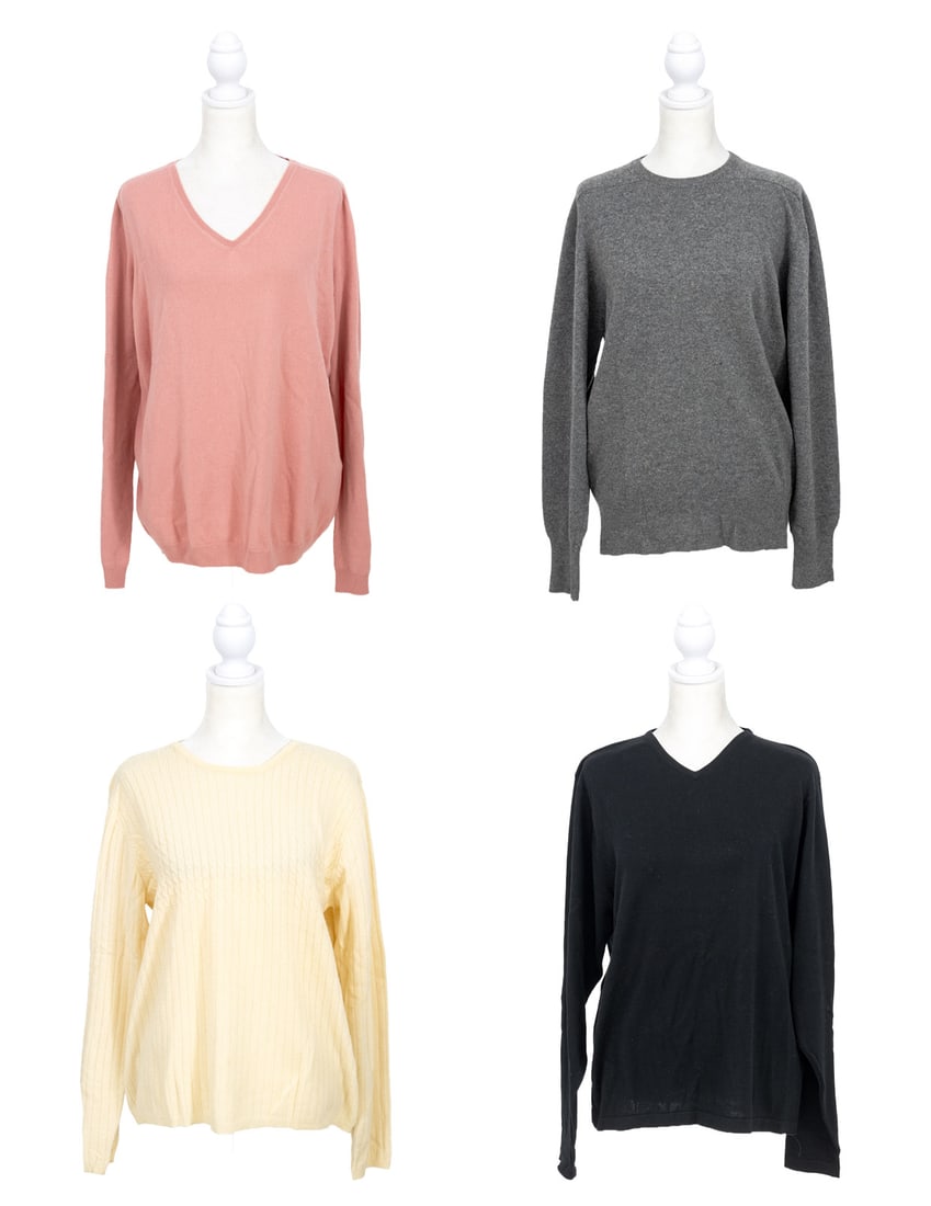 Geoffrey Beene, Etc. Cashmere and Silk Sweaters, 4: Group of Four Designer Cashmere and Silk Sweaters, comprising: two Geoffrey Beene long sleeve shirts, one white cashmere and one silk blend black v-neck, each with "Geoffrey Beene " labels, Paul