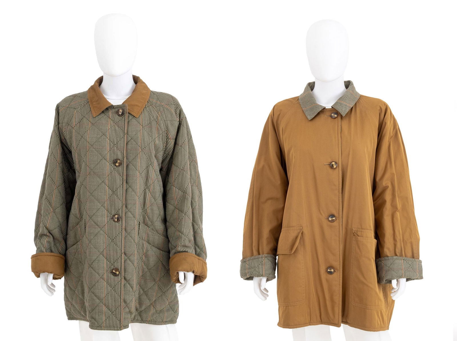 Quilted Cotton Plaid Reversible Coat: Quilted Cotton Plaid Reversible Coat, the plaid side with two front pockets and four faux horn buttons, the reversible side tan nylon with four faux horn buttons and two front pocket. Overall length: