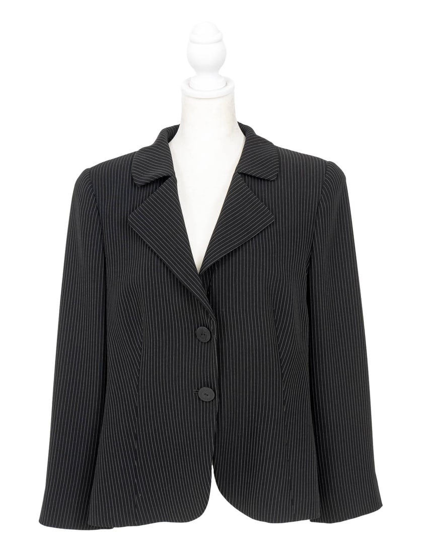 Giorgio Armani Pin Stripe Blazer: Giorgio Armani Synthetic Blend Pin Stripe Pattern Blazer, in black and white with two-button closure, "Giorgio Armani / Made in Italy" label. Overall length: 25"; Shoulders: 15.5"; Bust: 38"; Sleeve