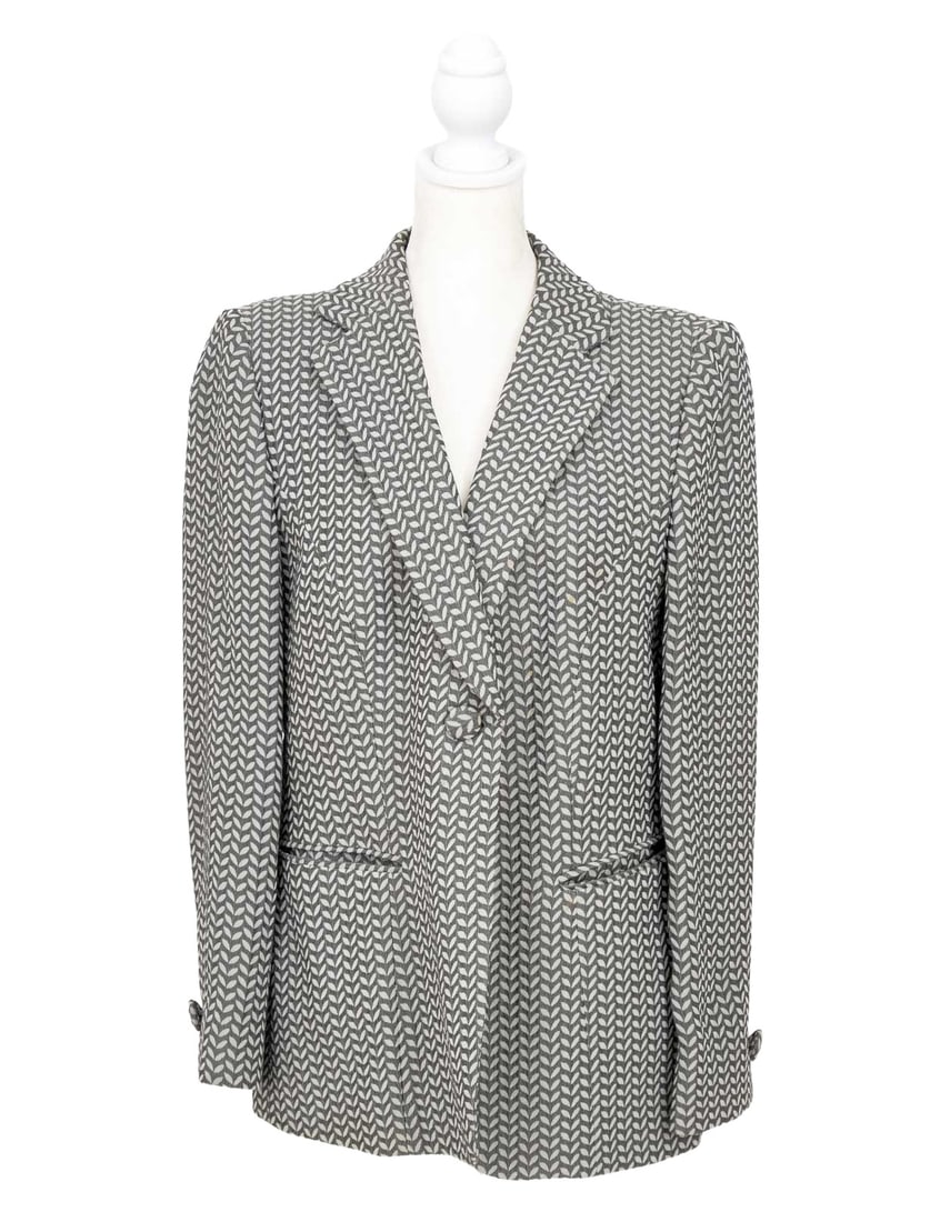 Giorgio Armani Gray Wool Blazer: Giorgio Armani Gray Wool Blazer, with leaf pattern, light gray silk lining, single button closure, and two front slip pockets, "Giorgio Armani / Made in Italy" label. Overall length: 29"; Shoulders: