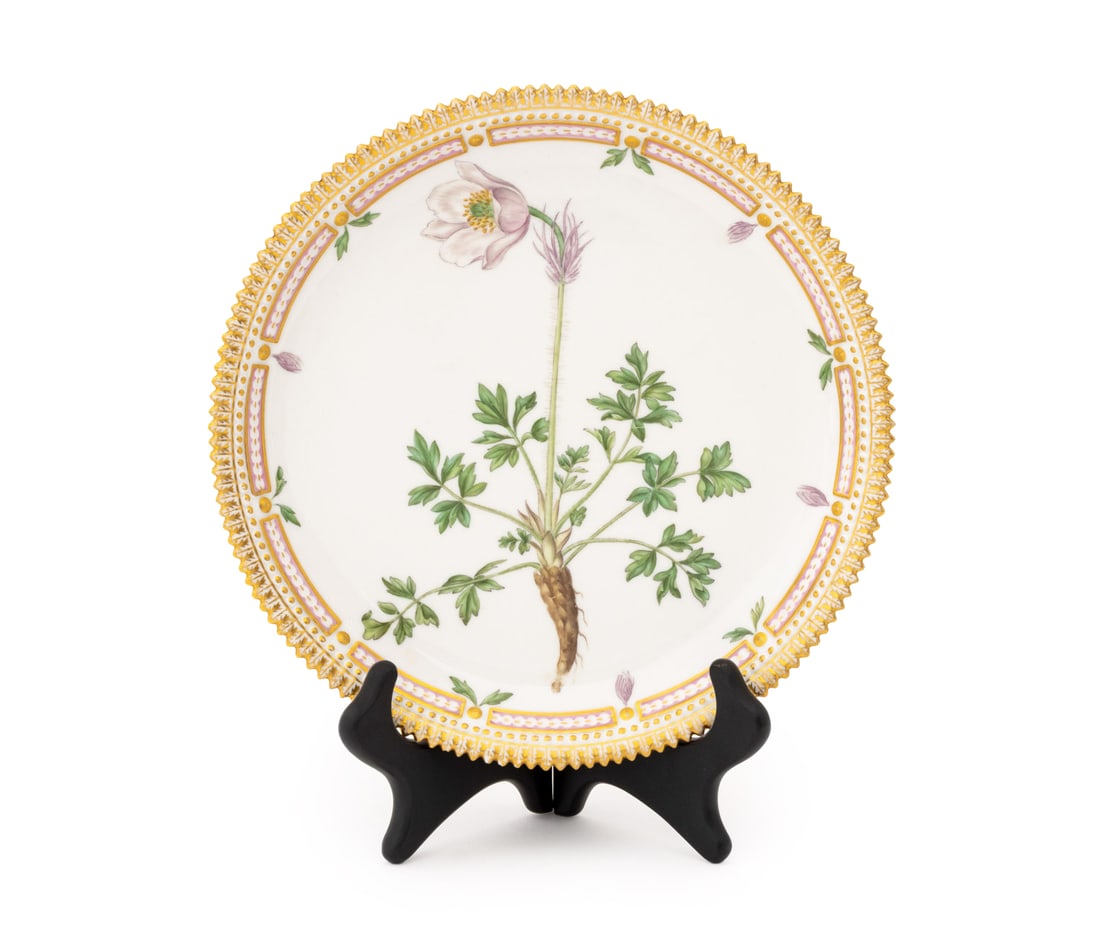 Royal Copenhagen "Flora Danica" Porcelain Plate: Royal Copenhagen "Flora Danica Anemone Vernalis" Porcelain Dinner Plate, with parcel gilt accents and hand-painted flower to the center, marked "Anemone Vernalis / Royal Copenhagen / Denmark" with