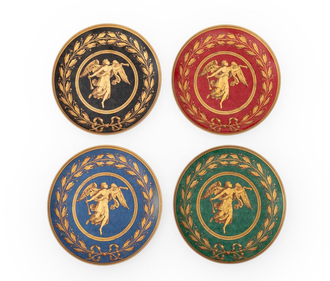 Mottahedeh "WIlliamsburg Gabriel" Plates, 4: Set of Four Mottahedeh "Williamsburg Gabriel" Porcelain Lunchoen Plates, 1996, all marked "Williamsburg / (c) 1996 / Mottahedeh / Portugal" to undersides and comprising: one on a currant red ground,