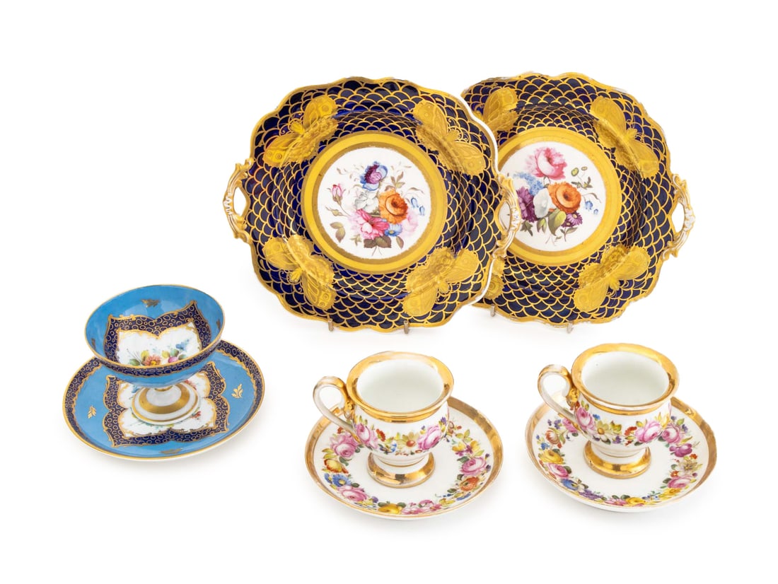 French Gilt & Hand-Painted Porcelain Tableware, 8: Collection of Eight French Gilt and Hand-Painted Porcelain Tableware Pieces, comprising: pair of Sevres cobalt blue and gilt butterfly motif cabinet plates, marked "1053" in red ink, Limoges sky blue