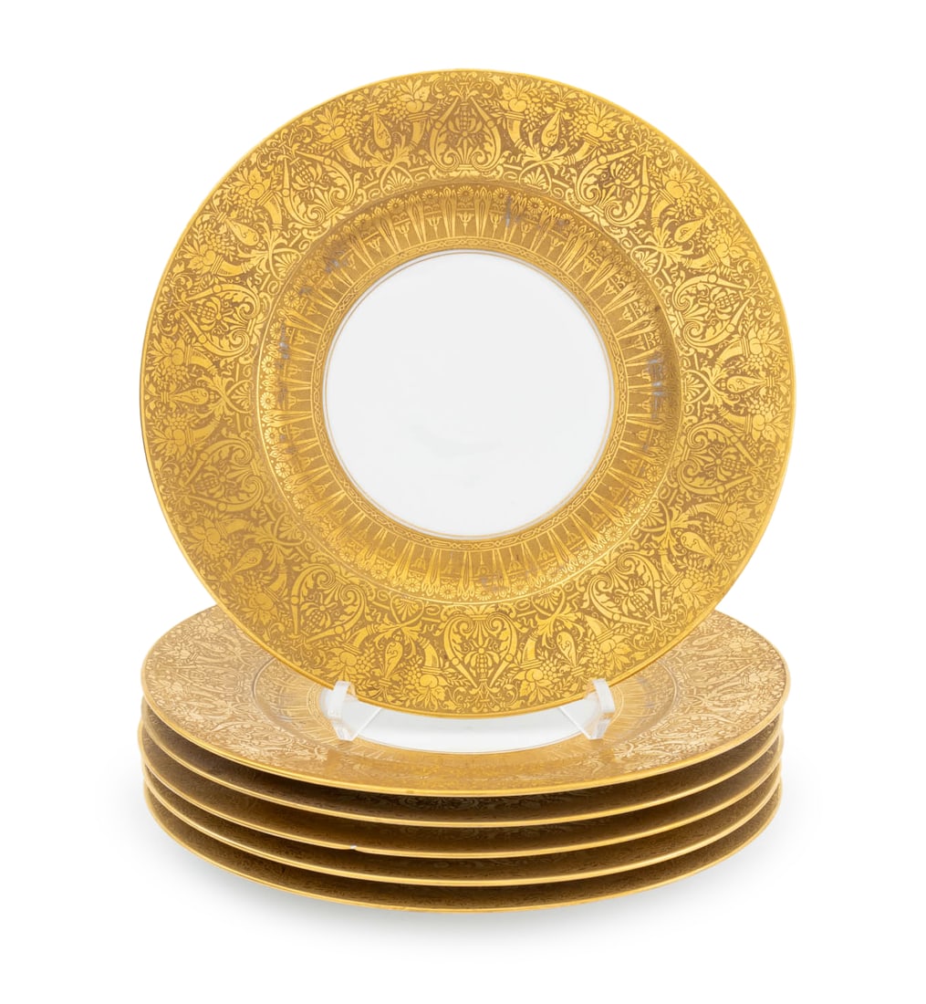 Hutschenreuther Gilt Encrusted Chargers, 6: Set of Six Hutschenreuther Gilt Encrusted Porcelain Chargers, each marked "Hutschenreuther / Selb. / LHS / Bavaria" to underside. 10.5" Diameter x 1" H. Provenance: From the Estate of American
