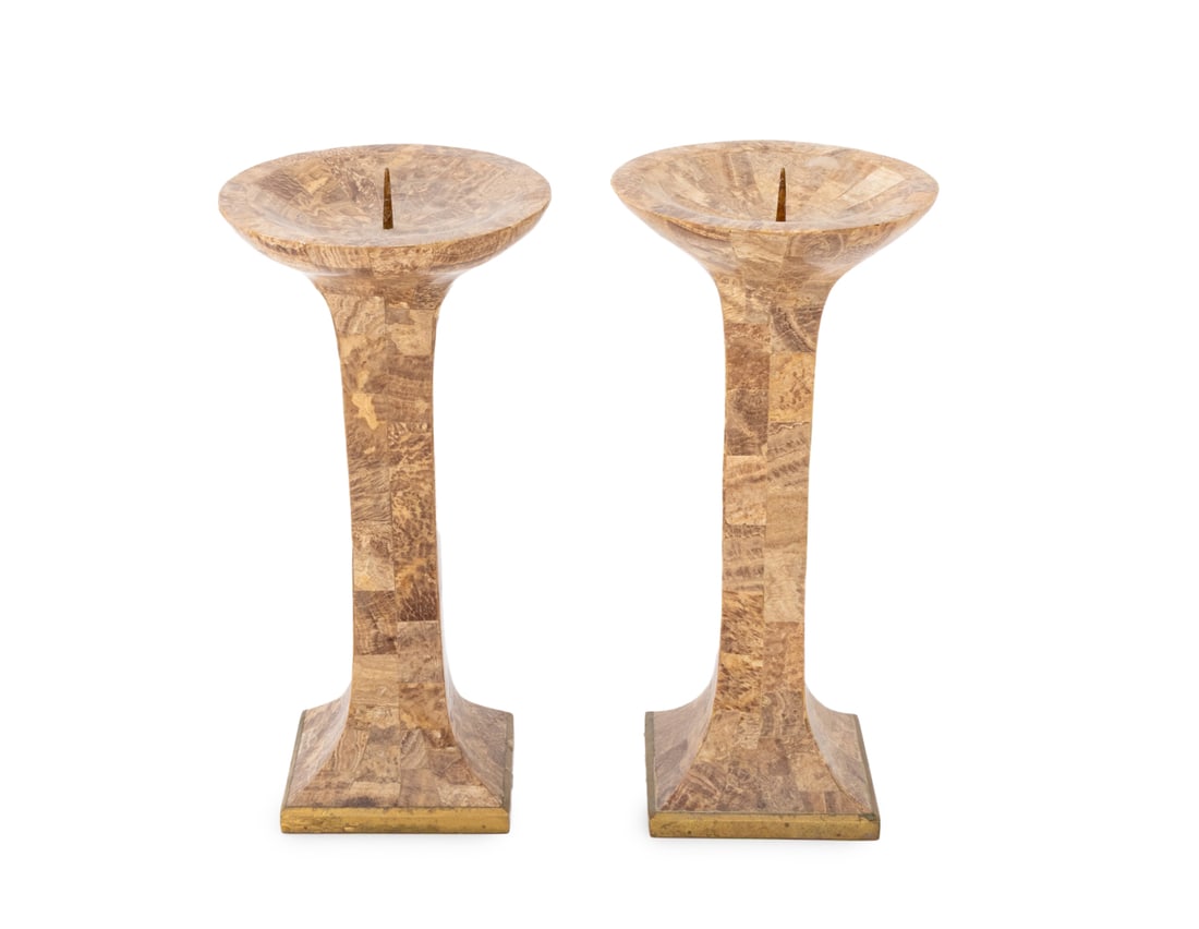 Karl Springer Attr. Hardstone Candlesticks, Pair: Pair of Karl Springer Attributed Tessellated Petrified Wood and Brass Candle Pricket Sticks. 9.25" H x 4.5" Diameter. Provenance: From the Estate of American Fashion Journalist and Editor-in-Chief of