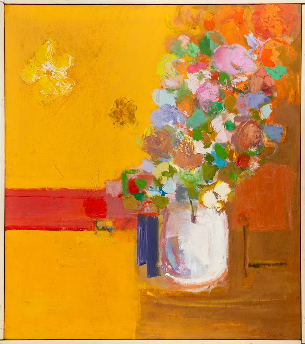 Ida Silverstein Floral Still Life Oil on Canvas: Ida Silverstein (American, XX-1996), Abstract Floral Still Life Scene, Oil on Canvas, with impasto embellishments, signed lower right and signed verso, wood frame. Image: 34.25" H x 30" W; frame: 35.2