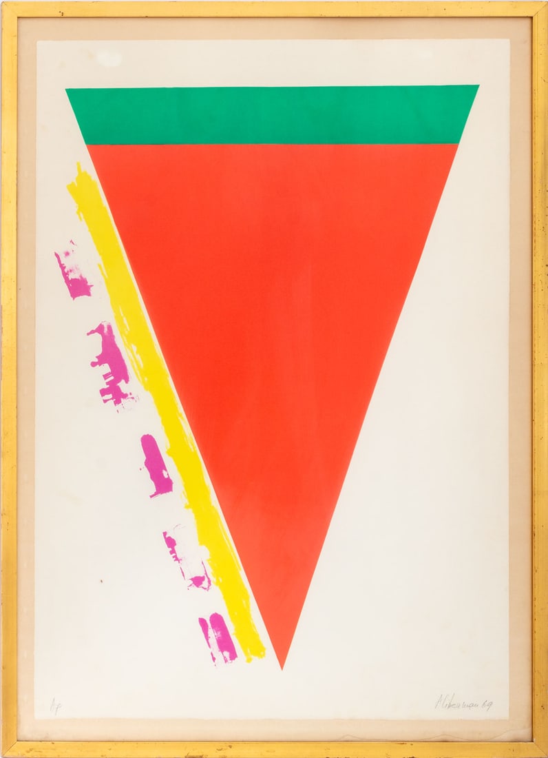 Alexander Liberman "Road Sign" Screenprint, 1969: Alexander Liberman (Ukrainian, 1912-1999), "Road Sign", Screenprint in Colors, 1969, signed in pencil and dated lower right, inscribed artist's proof edition "A.P." lower left, gold-painted wood frame