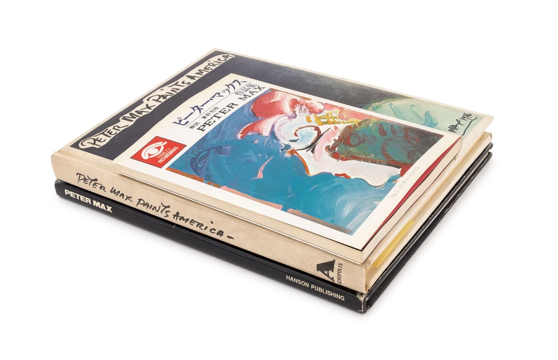 Peter Max Signed Books, 3: Max, Peter, "Peter Max Paints America", Washington, D.C.: Acropolis Books, 1976, signed and inscribed; Tono, Yoshiaki, "Peter Max", Tokyo: Parco, 1976, signed and inscribed; and Black, L.D, "Peter Max