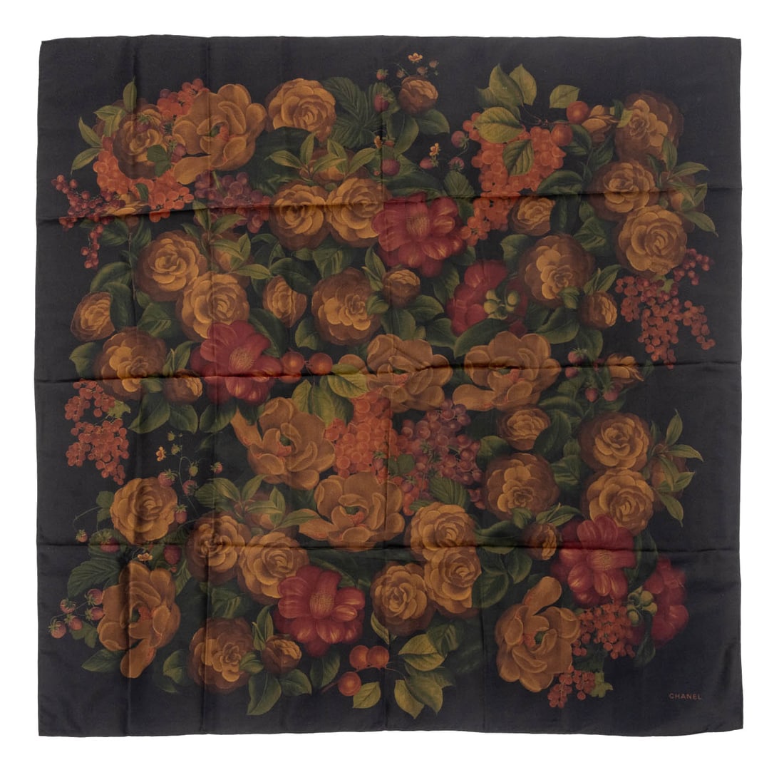 Chanel Floral Pattern Silk Blend Scarf: Chanel Floral Pattern Silk Blend Scarf, with iridescent rose and grape pattern on black ground, marked "Chanel" in print. 37.5" L x 37.5" W. Provenance: From the Estate of American Fashion Journalist
