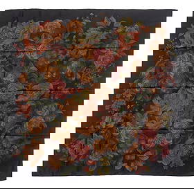 Chanel Floral Pattern Silk Blend Scarf: Chanel Floral Pattern Silk Blend Scarf, with iridescent rose and grape pattern on black ground, marked "Chanel" in print. 37.5" L x 37.5" W. Provenance: From the Estate of American Fashion Journalist