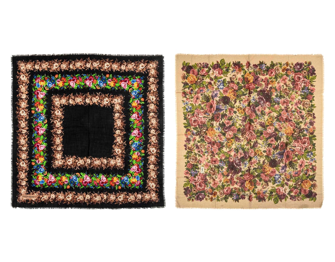 Yves Saint Laurent Floral Pattern Scarves, 2: Two Yves Saint Laurent Cotton Floral Pattern Scarves, comprising: one with tan background, gold and silver thread grid overlay and one with black background, each marked in print. Larger: 58" L x 54"