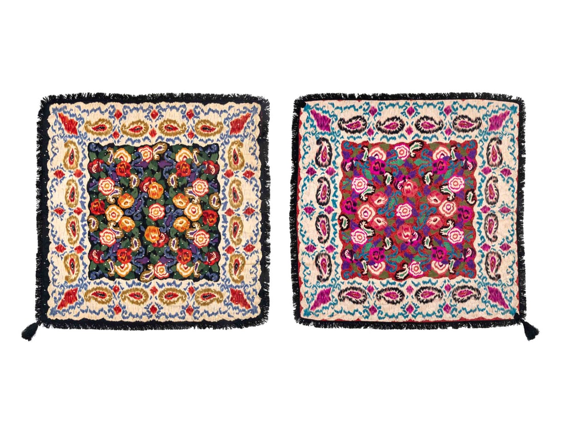 Emanuel Ungaro "Parallele" Reversible Scarf: Emanuel Ungaro "Parallele" Silk Blend Reversible Shawl, with floral pattern and black fringe, one side in fuschia and red and the other in green and blue, with gold thread embellishments, marked "eman