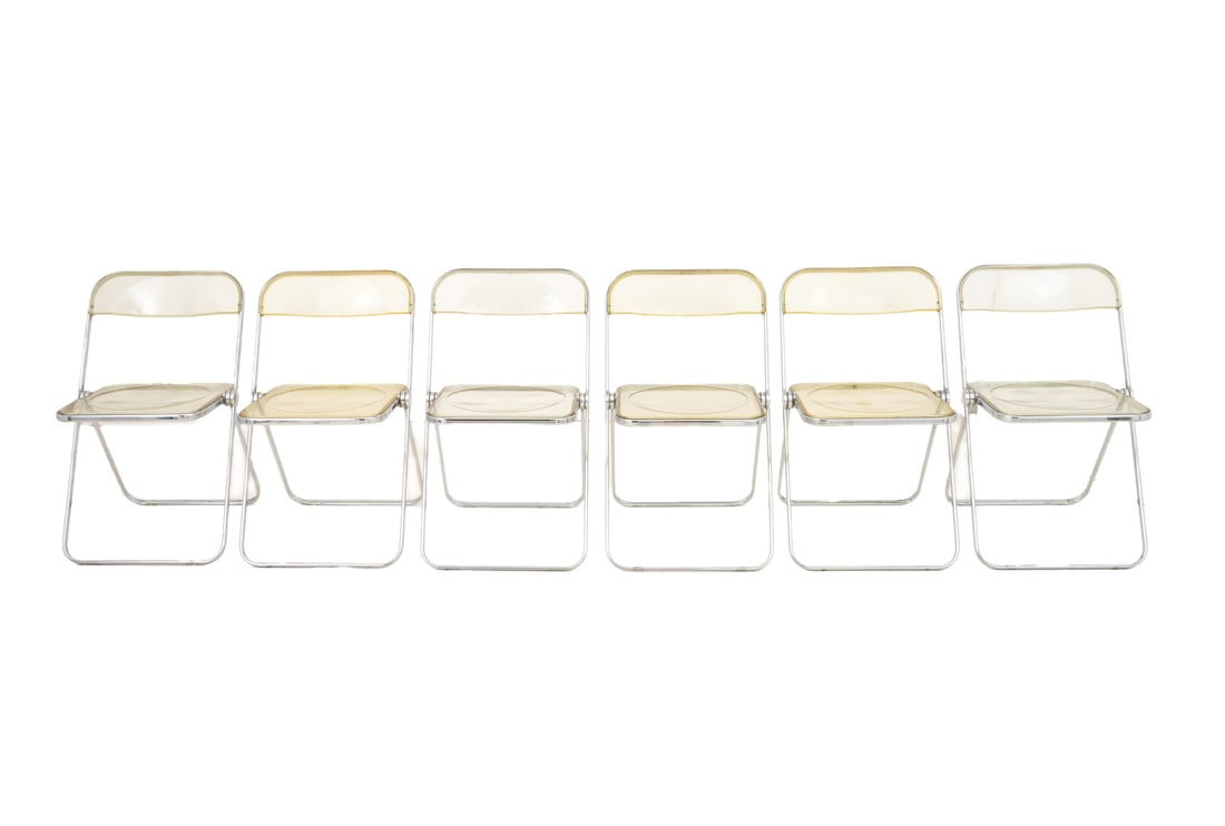 Piretti x Castelli "Plia" Lucite Folding Chairs, 6: Set of Six Giancarlo Piretti for Castelli "Plia" Lucite Folding Chairs, with chrome-plated frames and lucite seat and back, marked "P/ia Patent Anonima Castelli Italy" to the frames. 29.25" H x 18.5"
