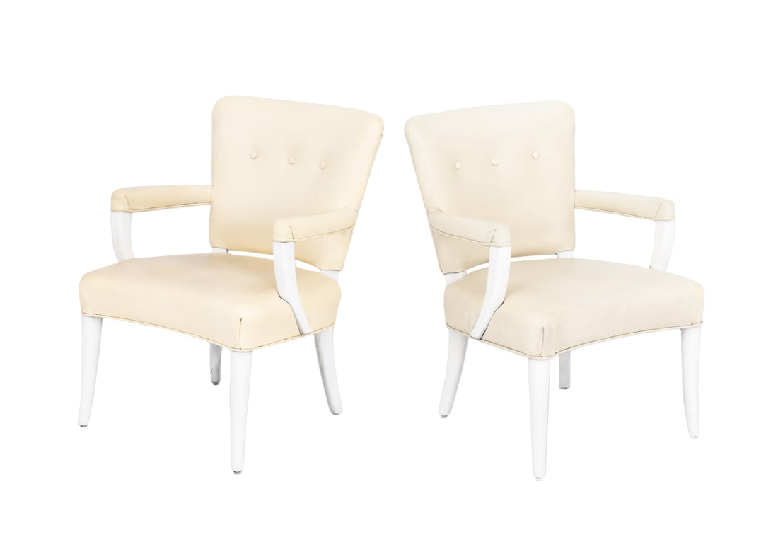 Stow Davis Style Off-White Leather Armchairs, Pair: Pair of Stow Davis Style Off-White Leather Arm Chairs, with button tufted square back and white painted wood arms and tapered legs. 34" H x 23" W x 21" D; seat: 18" H. Provenance: From the Estate of A