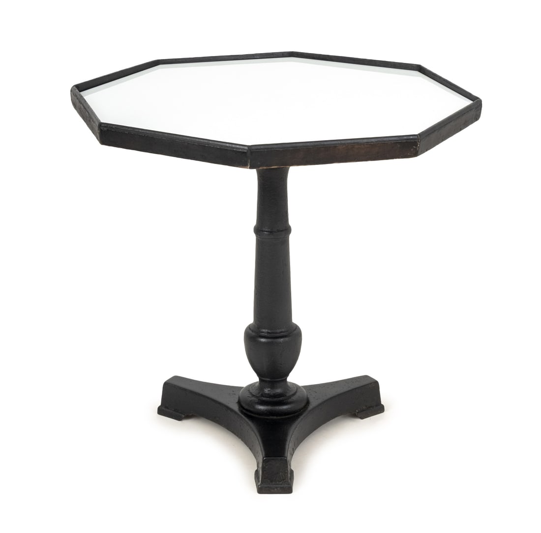Octagonal White Glass & Ebonized Occasional Table: Octagonal White Glass Top and Ebonized Occasional Table, the black painted iron base in the form of a column above tripartite stand, the top ebonized wood. 30.25" H x 30.5" W x 32.75" D. Provenance: F