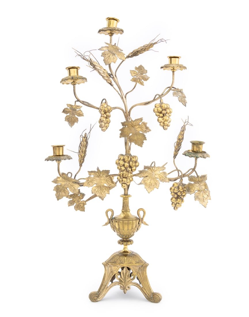 French Gilt Metal Five-Branch Candelabrum: French Gilt Metal Five-Branch Candelabrum, the five arms wrapped in grapevine decorative mounted in a garland wrapped urn with swan handles on pierced tripod base with scroll feet. 27.25" H x 16" W x