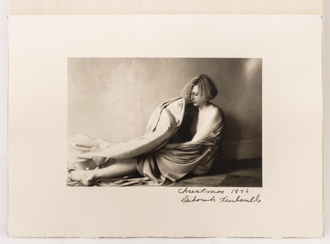 Deborah Turbeville Nude Woman Silver Print, 1976: Deborah Turbeville (American, 1932-2013), Nude Woman Wrapped in a Blanket, Gelatin Silver Print, 1976, signed, inscribed and dated "Christmas 1976" lower right, acrylic shadowbox frame. Image: 4" H x