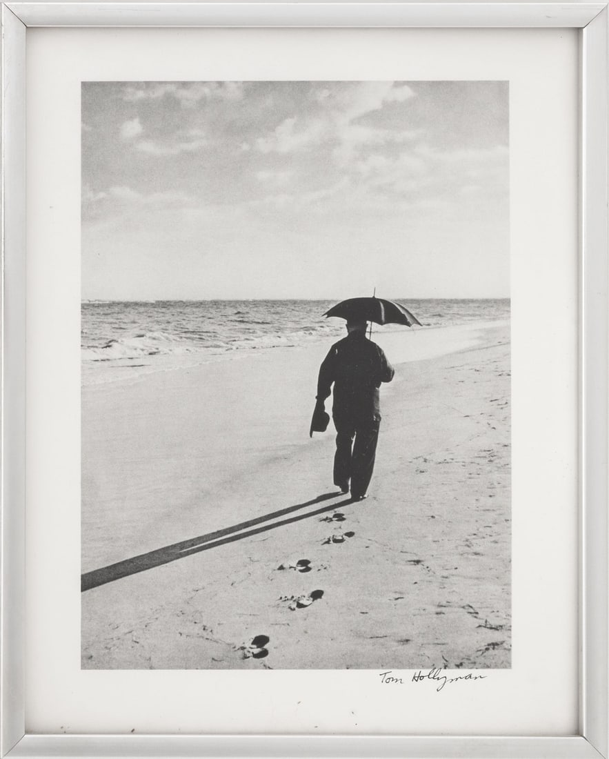 Tom Hollyman "Pablo Casals ..." Silver Print: Tom Hollyman (American, 1919-2009), "Pablo Casals on the Beach", Gelatin Silver Print, circa 1960, signed lower right, signed and titled verso, silver-tone metal frame. Image: 8" H x 6" W; frame: 10.2