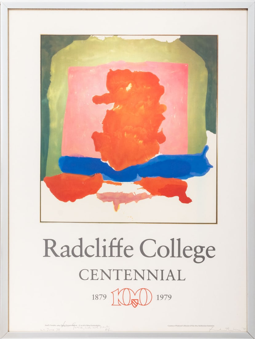 Helen Frankenthaler Signed Centennial Poster, 1978: Helen Frankenthaler (American, 1928-2011), Radcliffe College Centennial Poster, 1978, depicting "Small's Paradise", signed in pencil and dated lower right, inscribed "For Grace Wish All Well" and date
