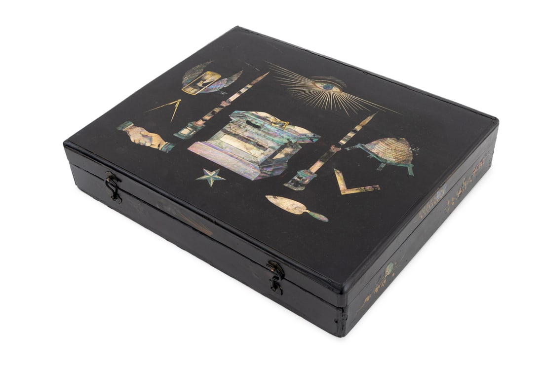 Japanese Masonic Motif Mother-of-Pearl Lacquer Box: Japanese Masonic Symbol Mother-of-Pearl Inlaid Black Lacquered Covered Box, 19th century, with two brass hook closures. 3.25" H x 17" W x 14" D. Provenance: From the Estate of American Fashion Journal