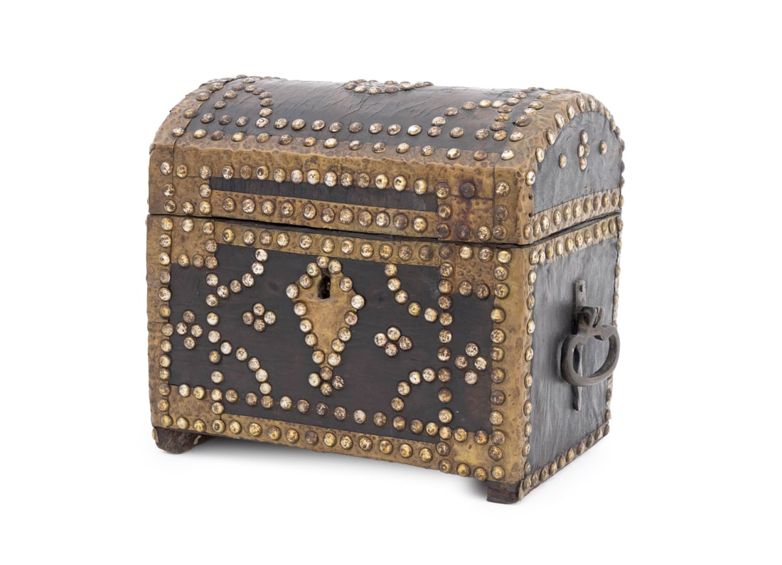Spanish Colonial Studded Leather Covered Chest: Spanish Colonial Studded Leather and Brass Bound Dome Covered Chest, with two iron handles, the interior later lined with abstract pattern fabric. 9.5" H x 11" W x 7.25" D. Provenance: From the Estate
