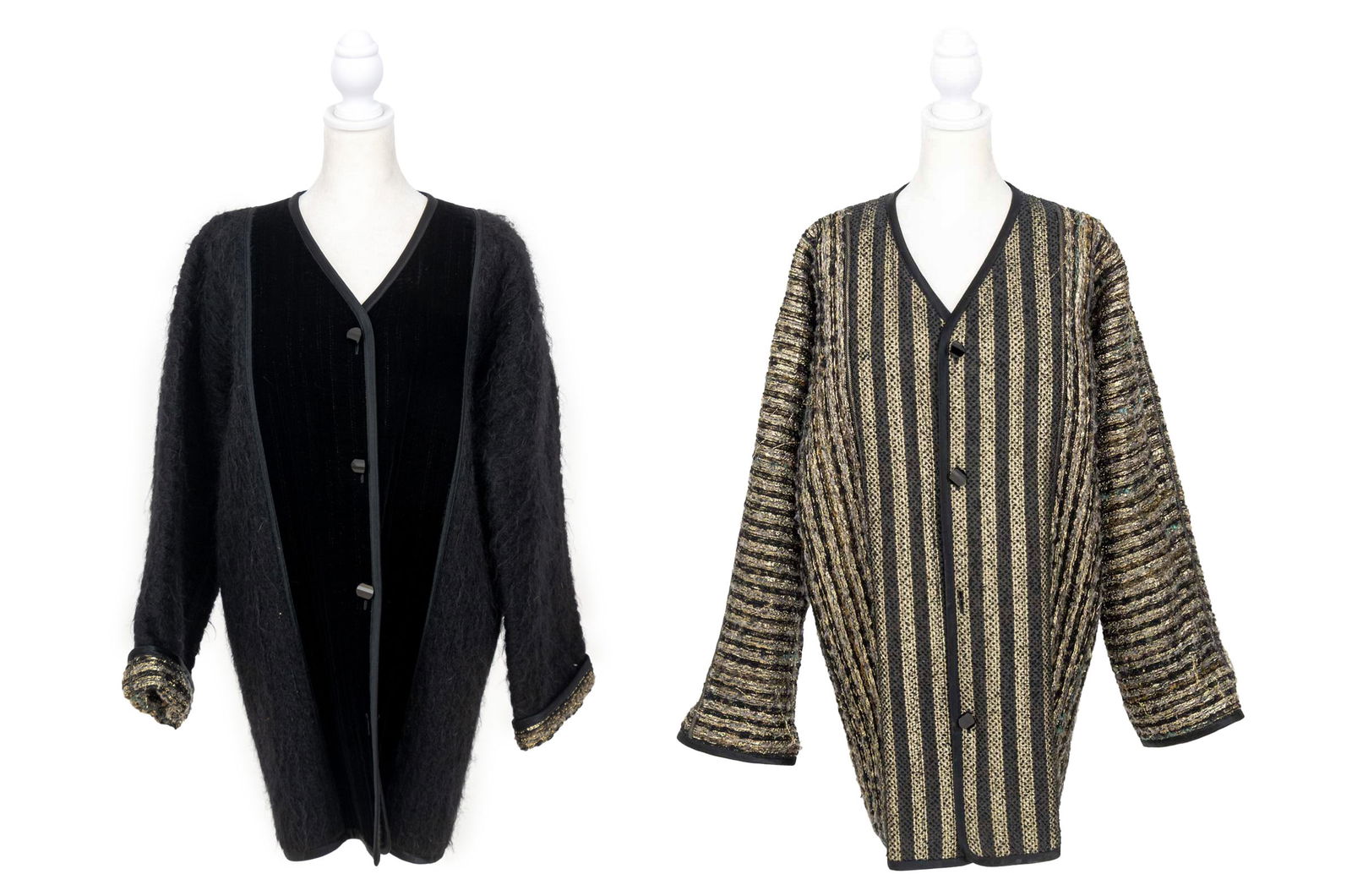 Black Wool Blend Reversible Coat: Black Wool Blend Reversible Coat, one side with black velvet center panel, the other with gold thread striped pattern, unmarked. Overall length: 32.5"; Shoulders: 16"; Bust: 44"; Sleeve length: 20". P