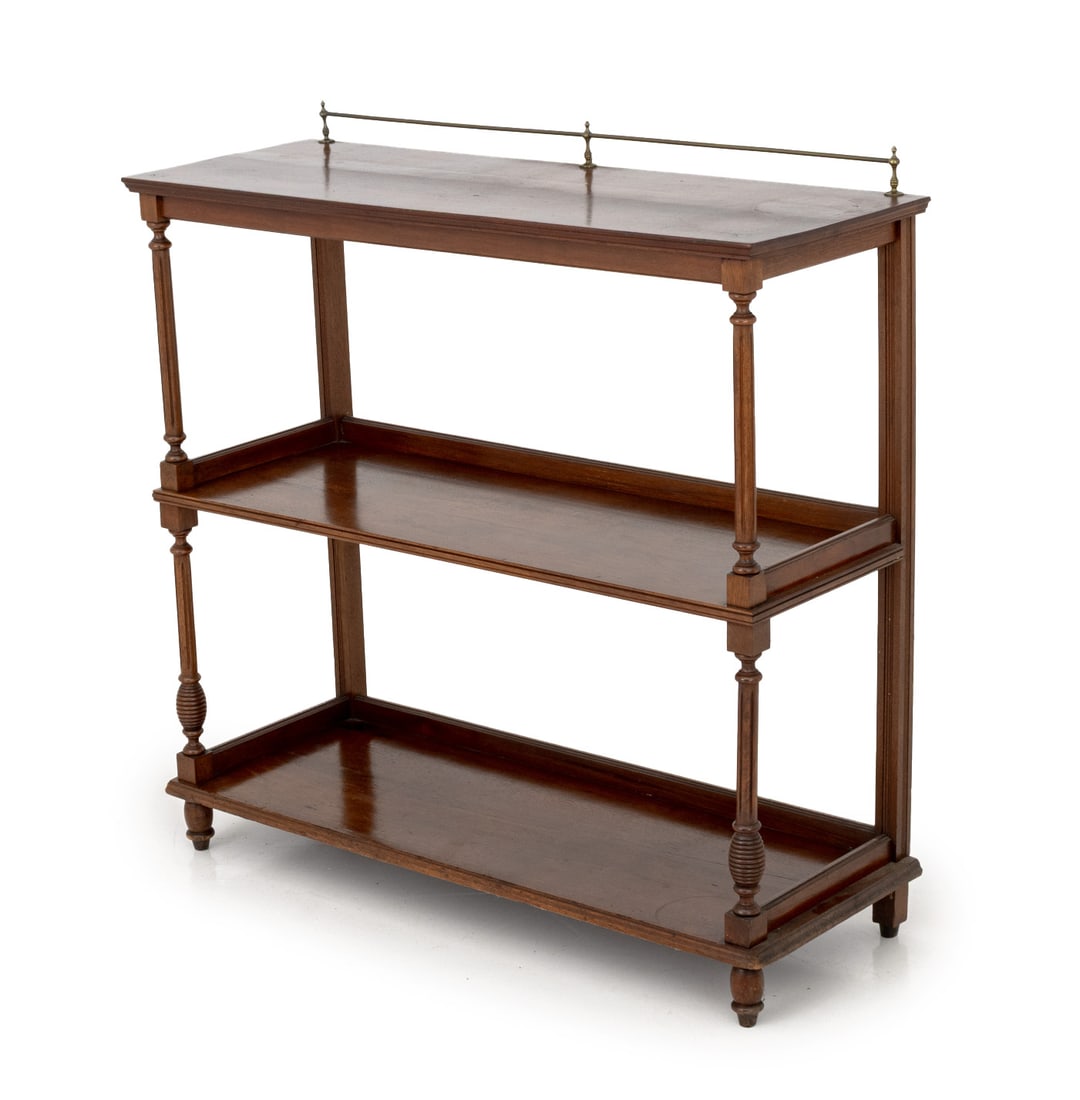 George III Style Fruitwood Three Tier Etagere: George III Style Fruitwood Three Tier Etagere, with half brass galleried top and four turned wood tapered legs. 41.25" H x 41.5" W x 15" D. Provenance: From the Estate of American Fashion Journalist a