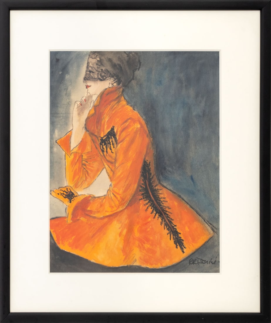 Rene R. Bouche Fashion Model Portrait Mixed Media: Rene Robert Bouche (American, born Czechia, 1905-1963), Fashion Model Portrait, Mixed Media on Paper, signed lower right, ebonized wood frame. Image: 16" H x 12.25" W; frame: 23.5" H x 19.75" W x 0.25